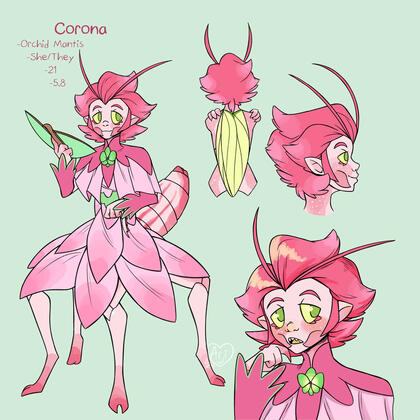 Corona is an intelligent orchid mantis and an aspiring inventor. She is on the shy and awkward side, but always willing to share her ideas and theories.