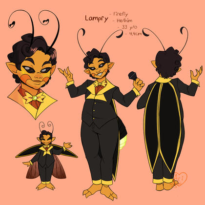Lampry is a firefly with big dreams. He owns a club for drinking and music where he performs dancing and singing, and he loves to be the center of attention.