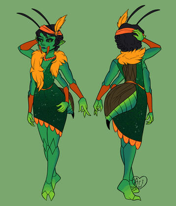 Arressa is a beautiful emerald cockroach was with a dark secret. She is a cannibal who uses her looks to find victims in the form of lustful men.