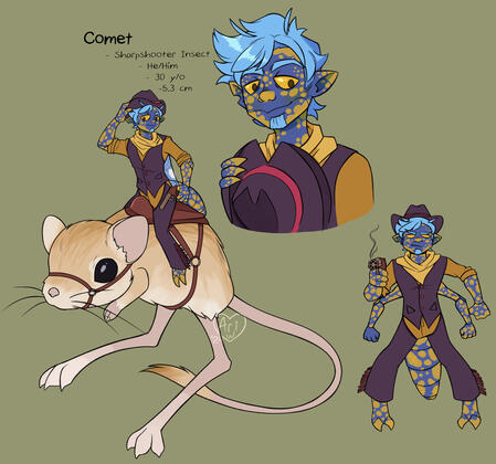 Comet is the Sherriff of Dusty Dugout and uses his tiny pistol to protect his village from raiders and criminals.